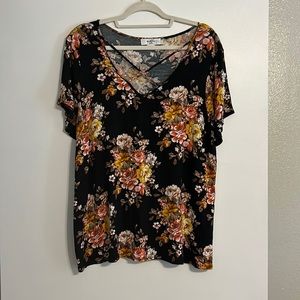 Moa Moa Black Floral Short Sleeve Top size 1X